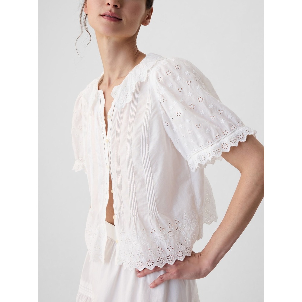 GAP x DOEN Blouse White Eyelet Embroidered Pintuck Button Front Top L